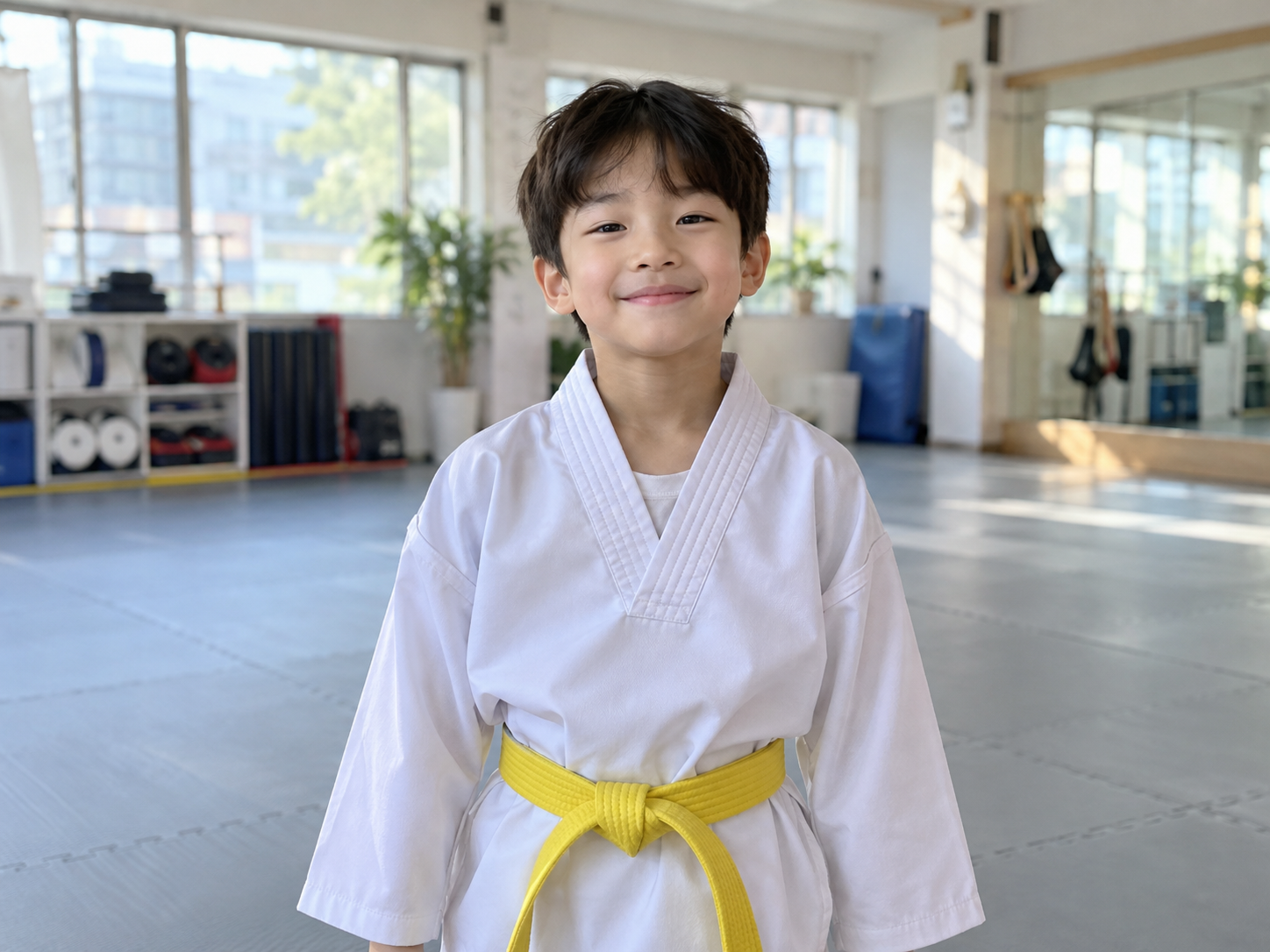 도복을 입고 도장에 도착한 아이의 출석 사진 예시 · AI 생성 이미지
