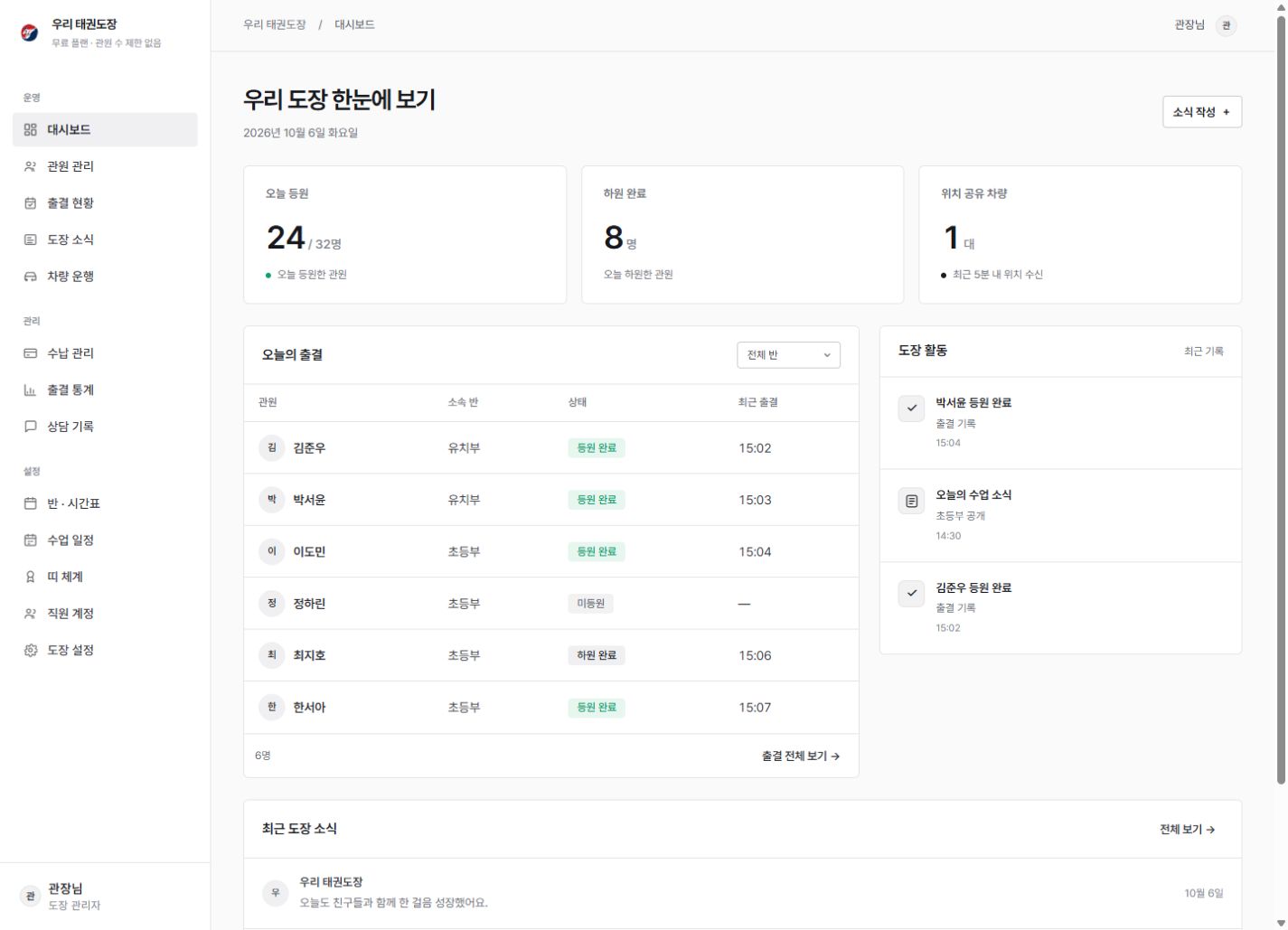 흑백 디자인의 도장 대시보드 예시 화면